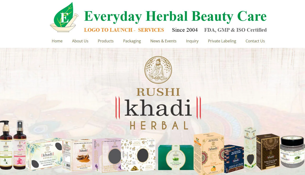 Collection of Rushi Khadi herbal beauty products including oils, soaps, and skincare items with company branding.